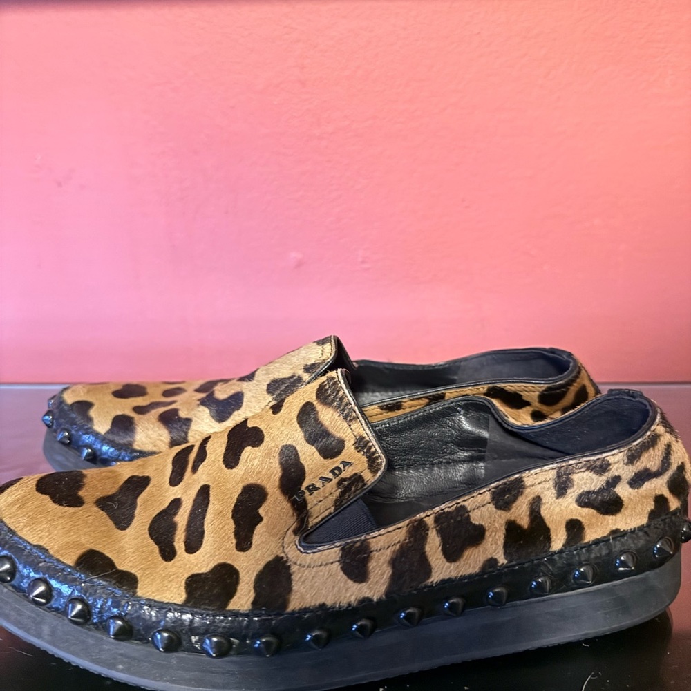 Prada Leopard-Pattern Slip-On Loafers in Tan and Black